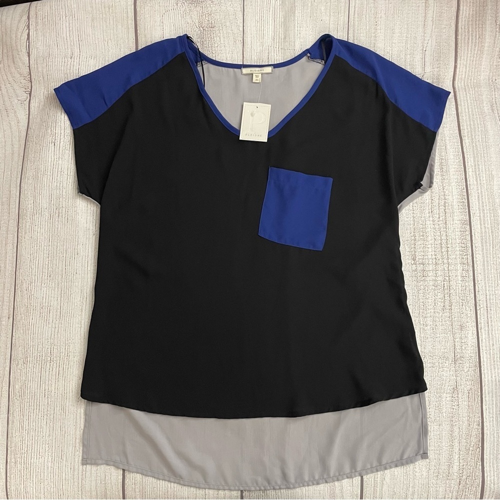 NWT PLEIONE Women’s Black & Blue Short Sleeve Top Size XS